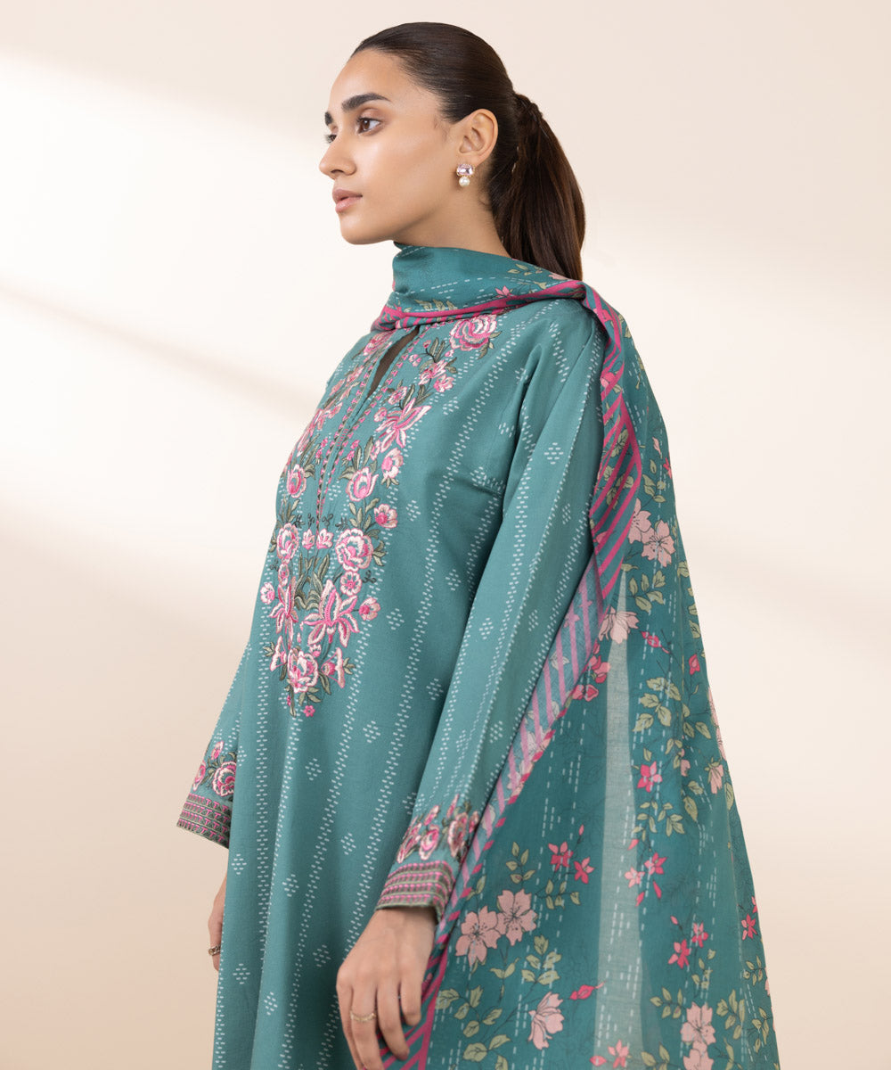 Women's Unstitched Embroidered Turquoise Cambric Three Piece Suit