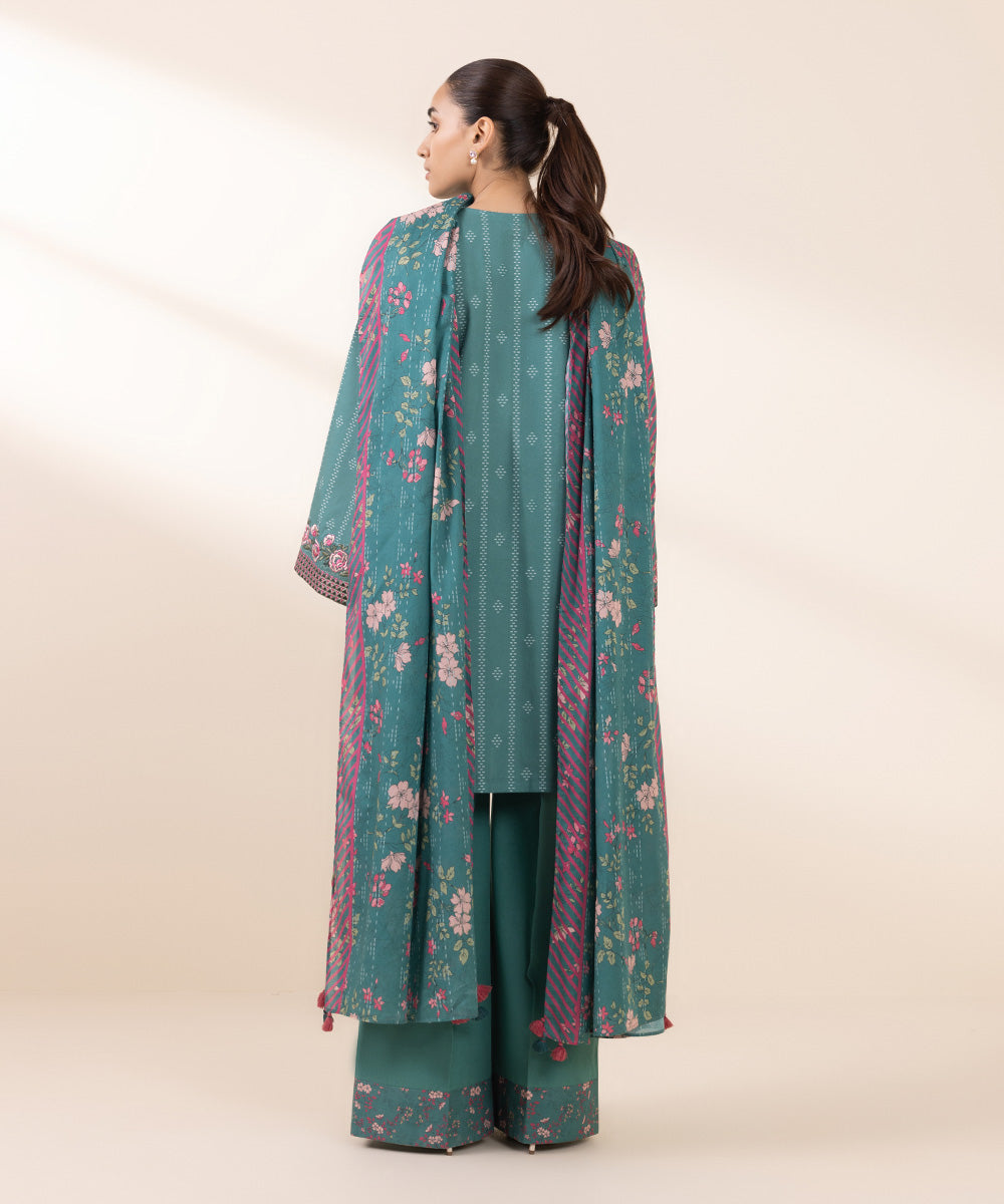 Women's Unstitched Embroidered Turquoise Cambric Three Piece Suit