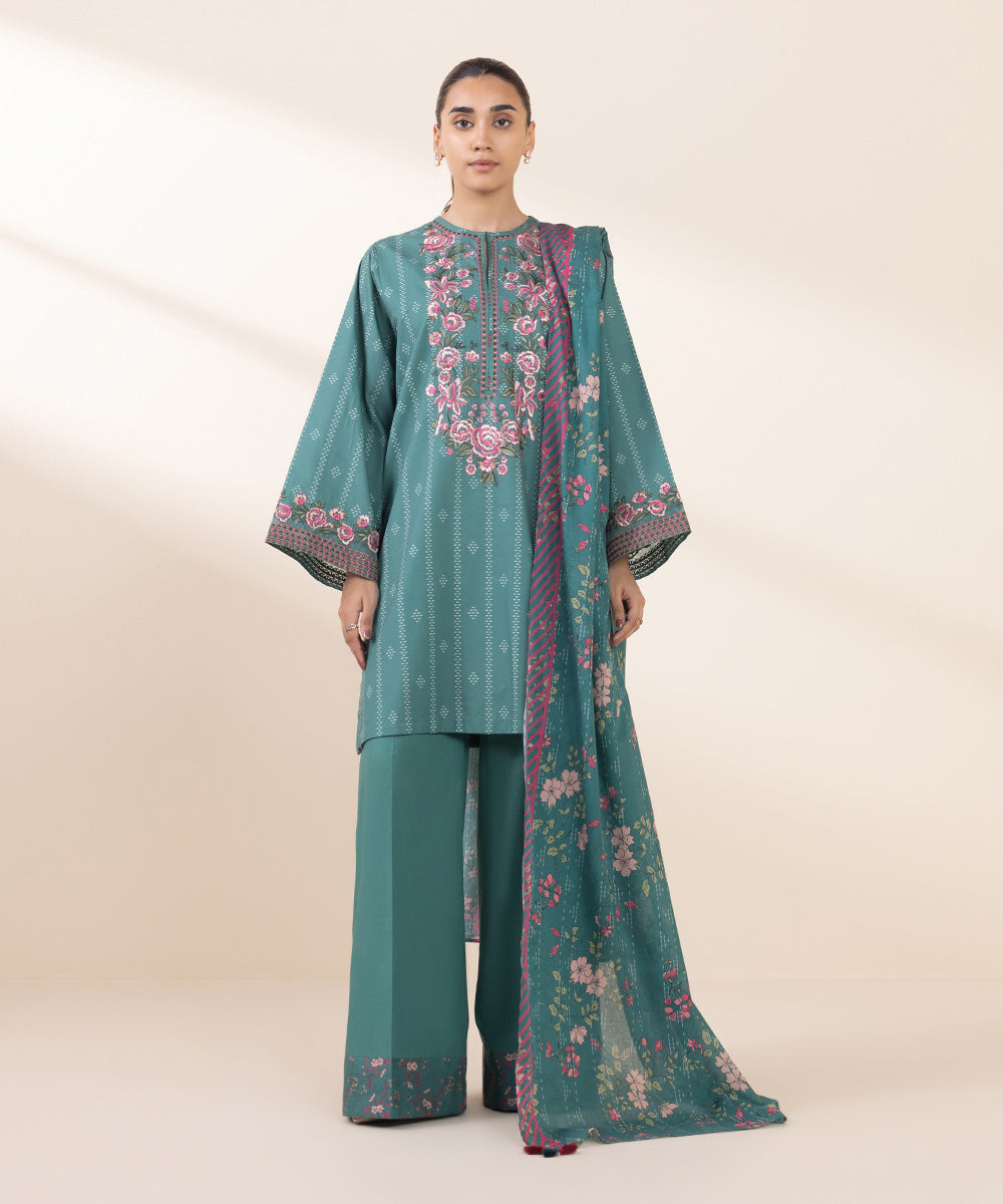 Women's Unstitched Embroidered Turquoise Cambric Three Piece Suit