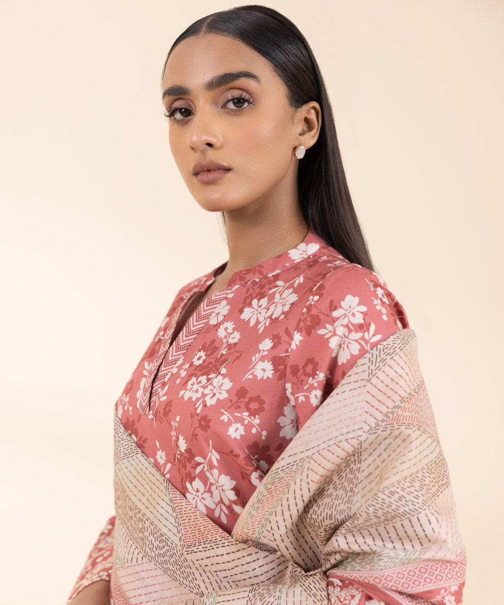 Women's Unstitched Embroidered Deep Coral Cambric Shirt and Trousers