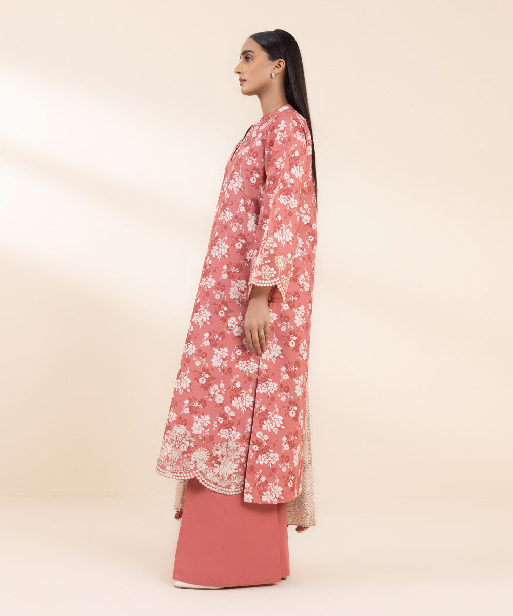 Women's Unstitched Embroidered Deep Coral Cambric Shirt and Trousers