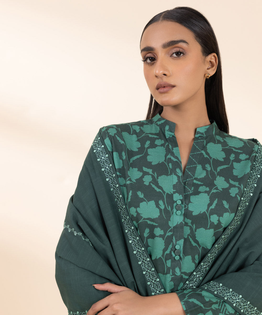 Women's Unstitched Embroidered Dark Green Khaddar Shirt and Dupatta