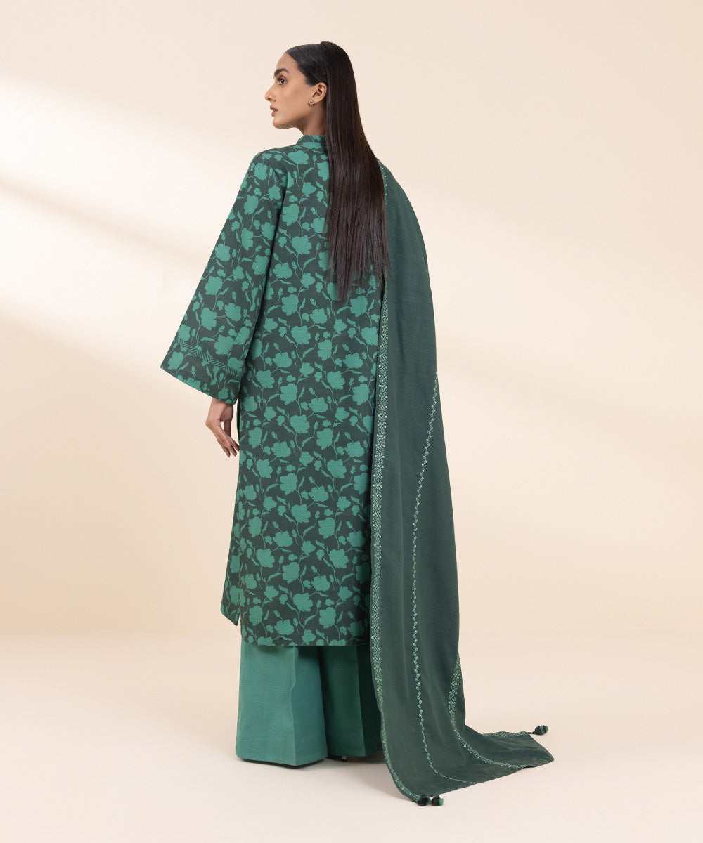 Women's Unstitched Embroidered Dark Green Khaddar Shirt and Dupatta