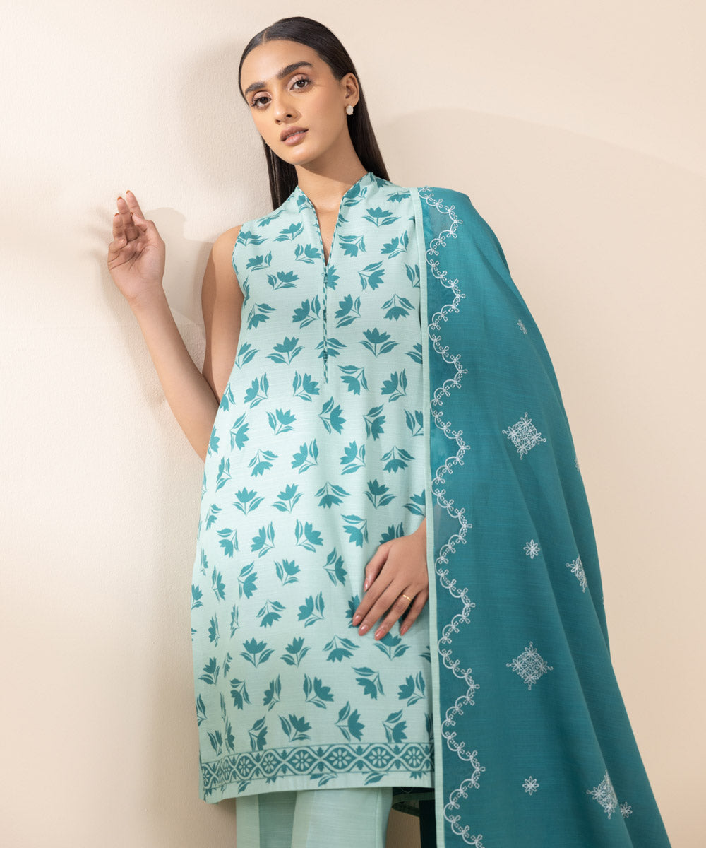 Women's Unstitched Embroidered Aqua Khaddar Shirt and Dupatta