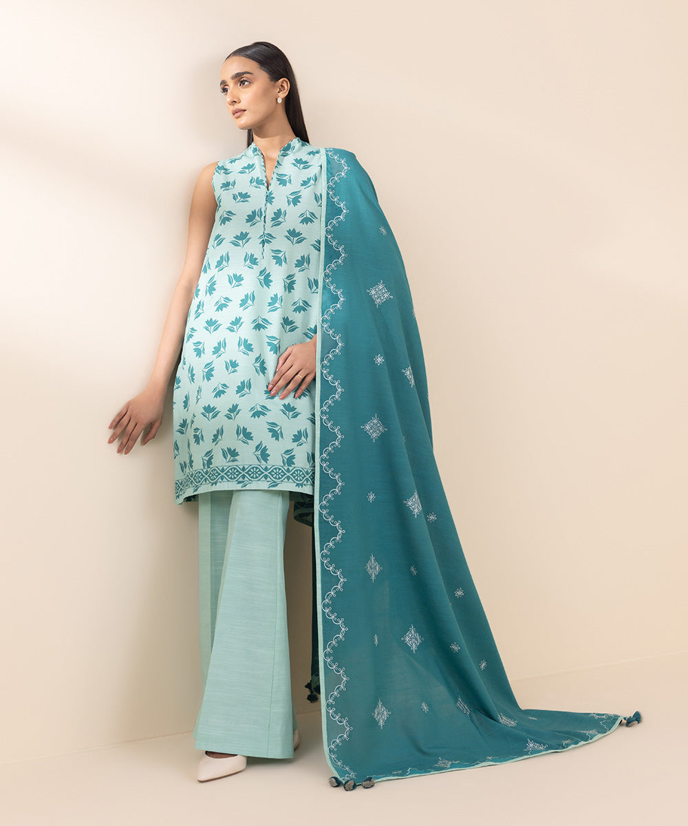 Women's Unstitched Embroidered Aqua Khaddar Shirt and Dupatta