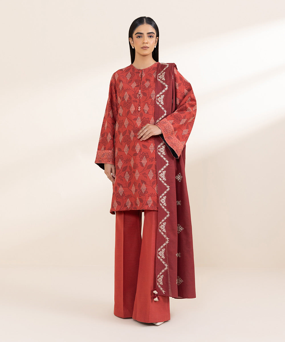 Women's Unstitched Embroidered Red Khaddar Shirt and Trousers