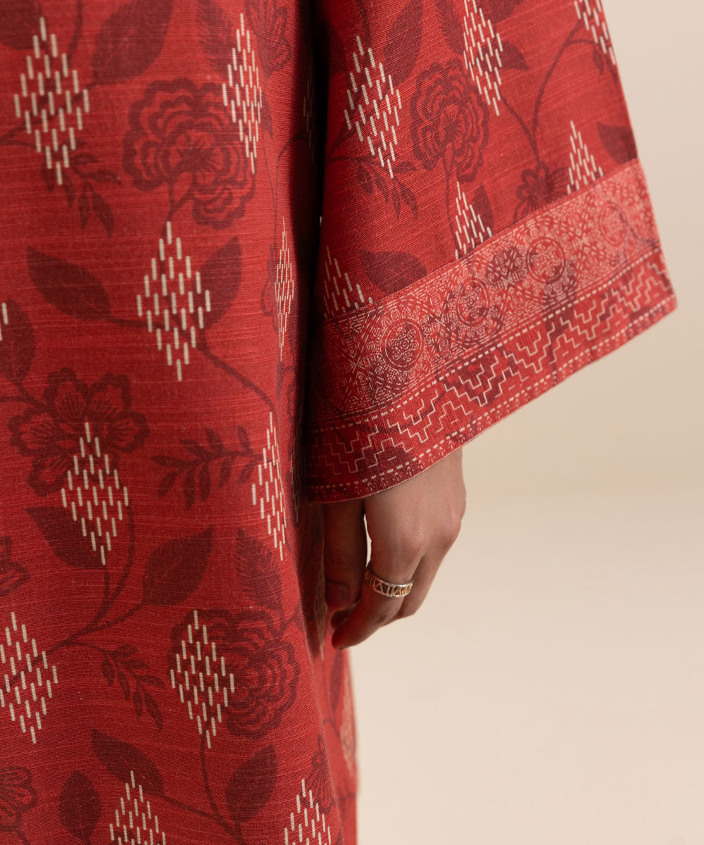 Women's Unstitched Embroidered Red Khaddar Shirt and Trousers