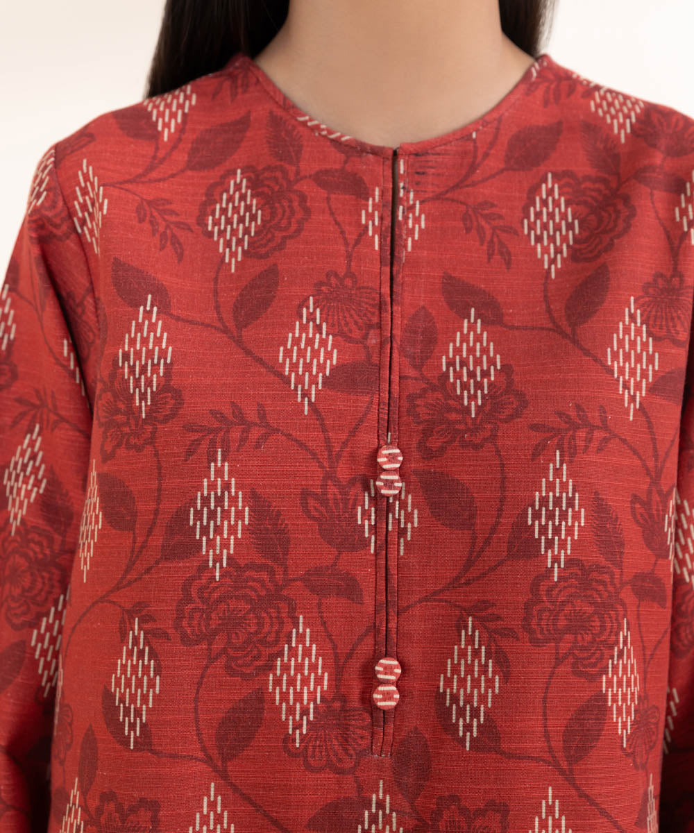 Women's Unstitched Embroidered Red Khaddar Shirt and Trousers