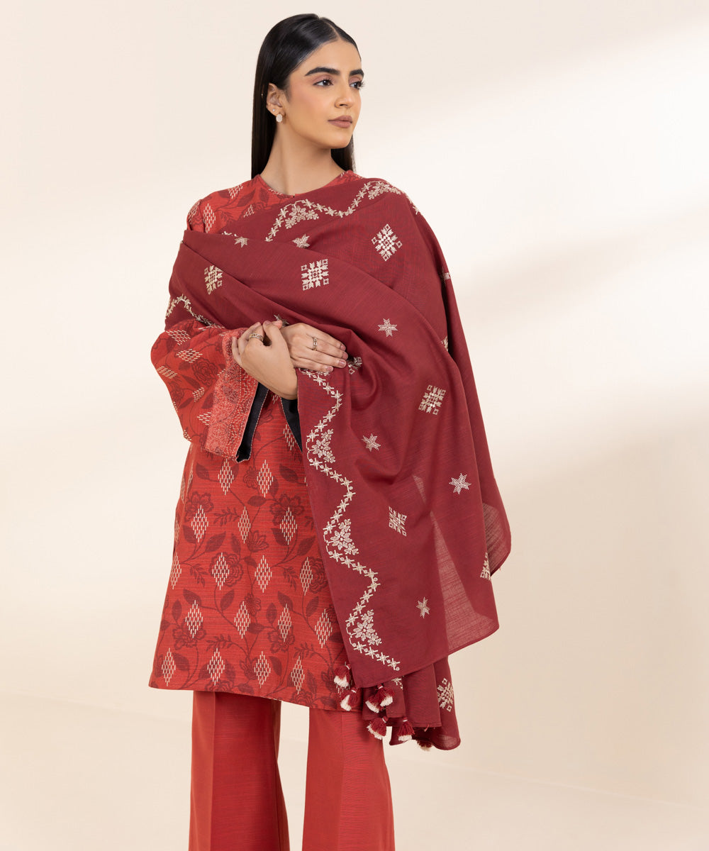 Women's Unstitched Embroidered Red Khaddar Shirt and Trousers