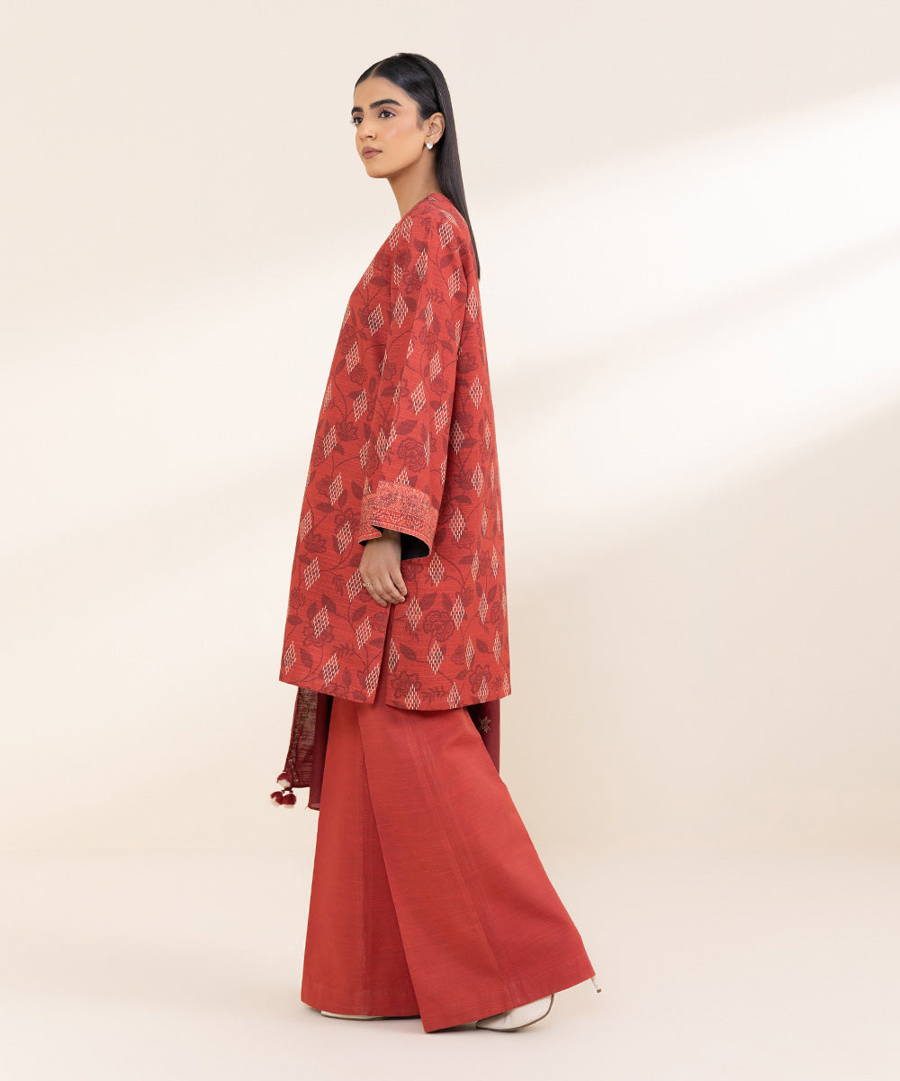 Women's Unstitched Embroidered Red Khaddar Shirt and Trousers