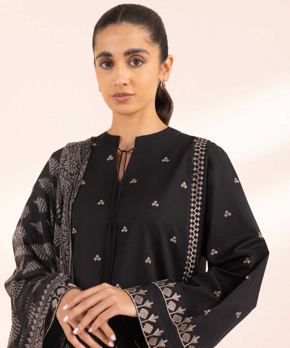 Women's Unstitched Cambric Black Embroidered 2 Piece Suit
