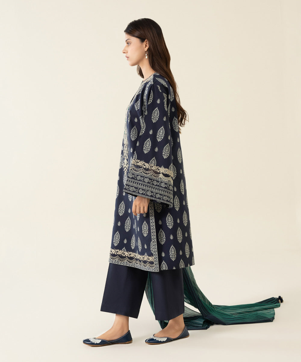 Unstitched Women's Embroidered Lawn Navy Blue 3 Piece Suit