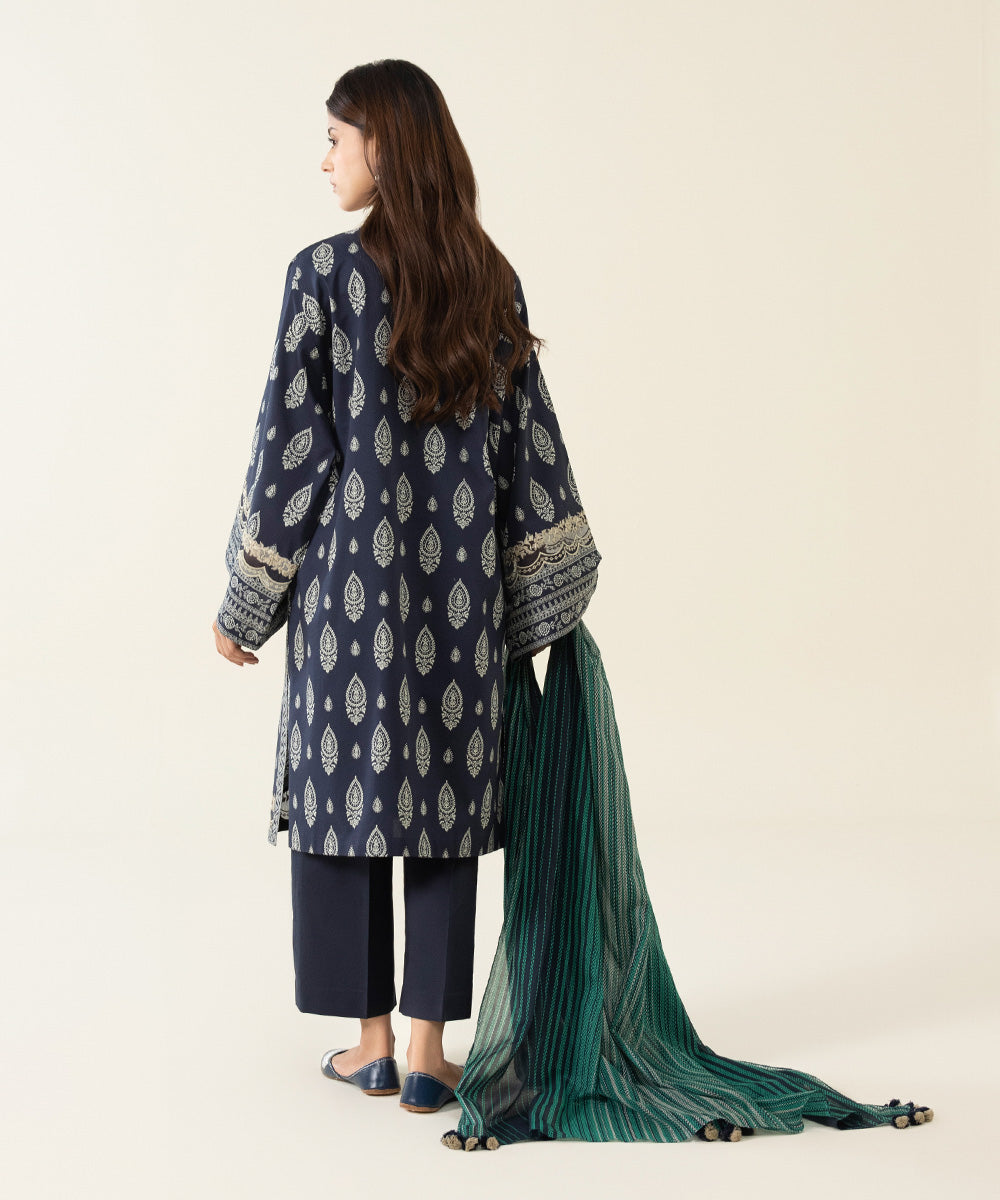 Unstitched Women's Embroidered Lawn Navy Blue 3 Piece Suit