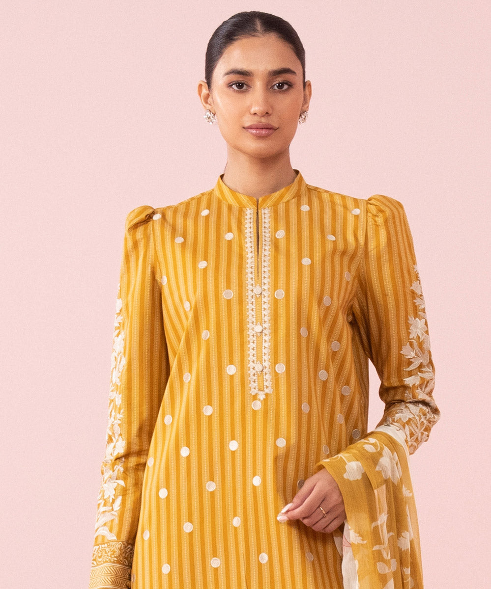 Women's Unstitched Embroidered Cambric Mustard Yellow 3 Piece Suit
