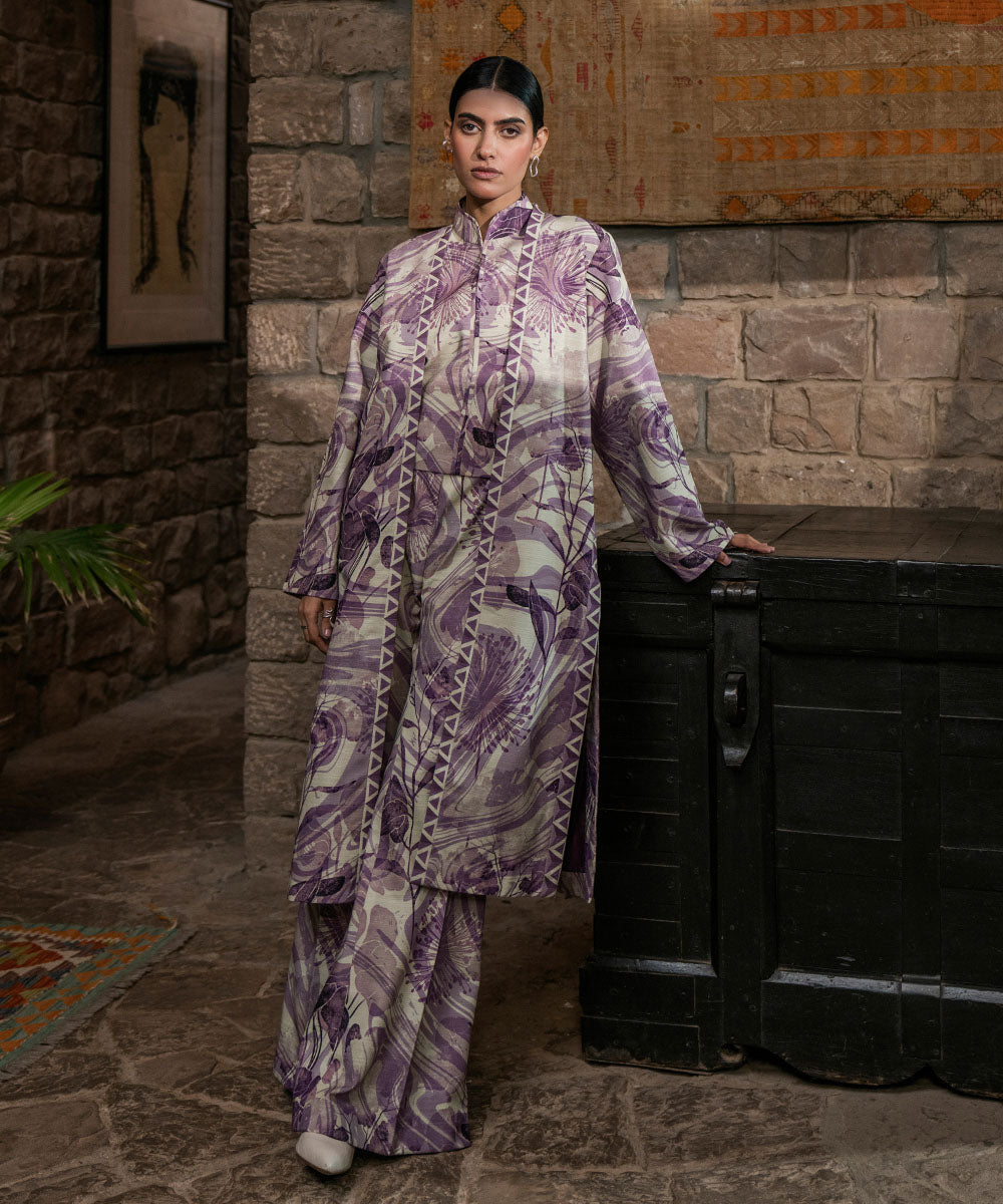 Women's Winter Unstitched Printed Khaddar Purple 2 Piece Suit