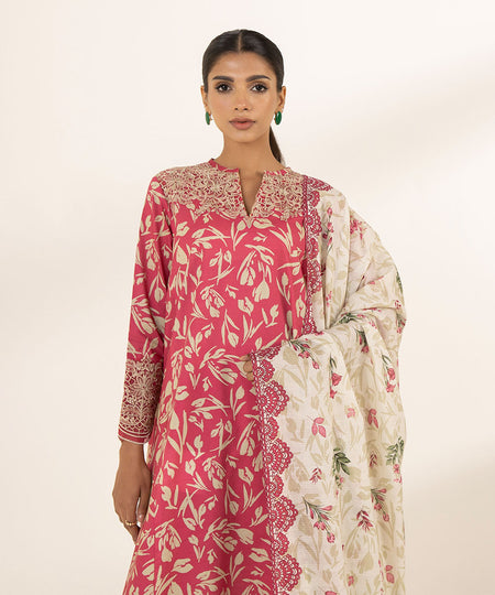 Women's Unstitched Lawn Printed Embroidered Pink 2 Piece Suit
