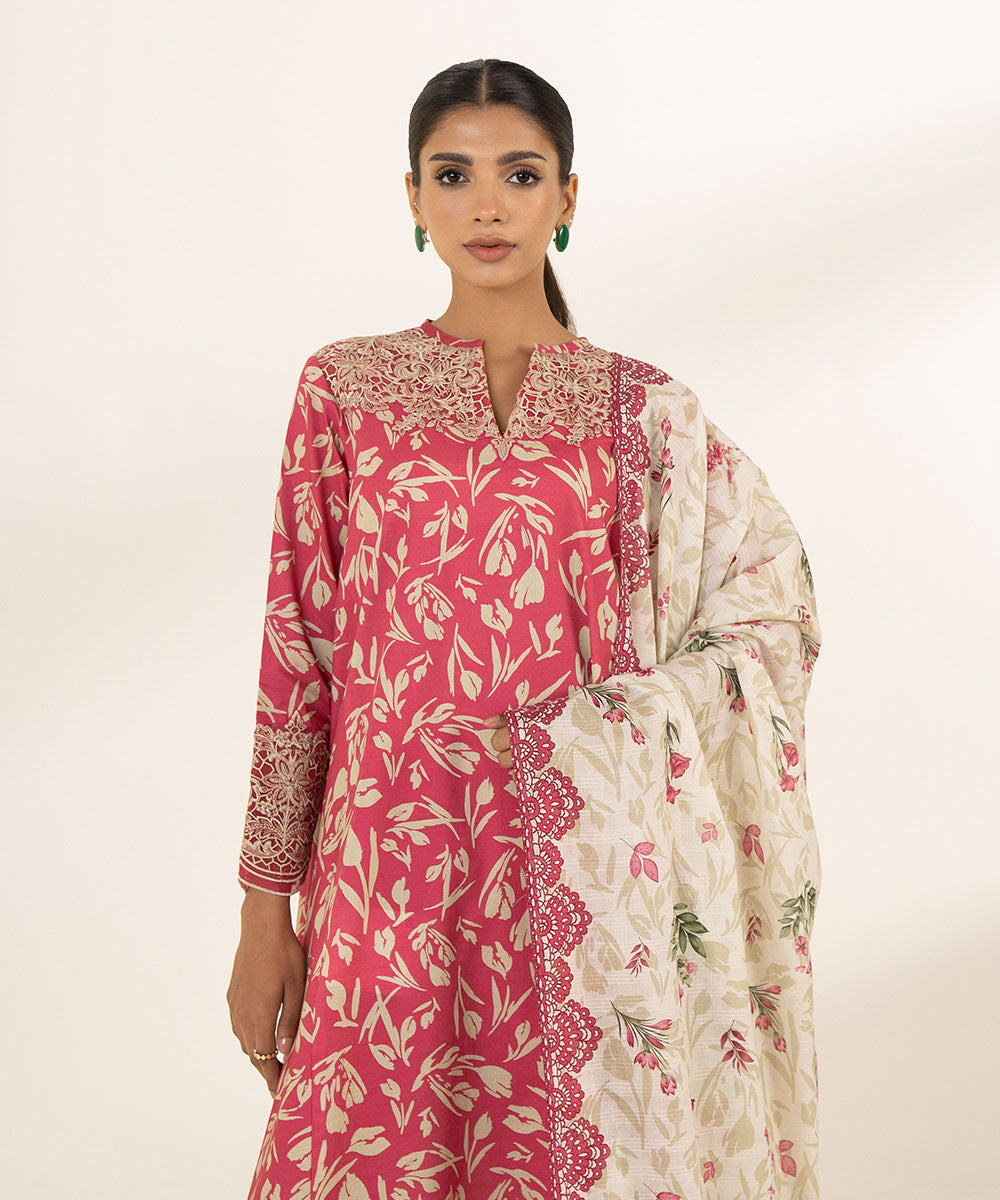 Women's Unstitched Lawn Printed Embroidered Pink 2 Piece Suit