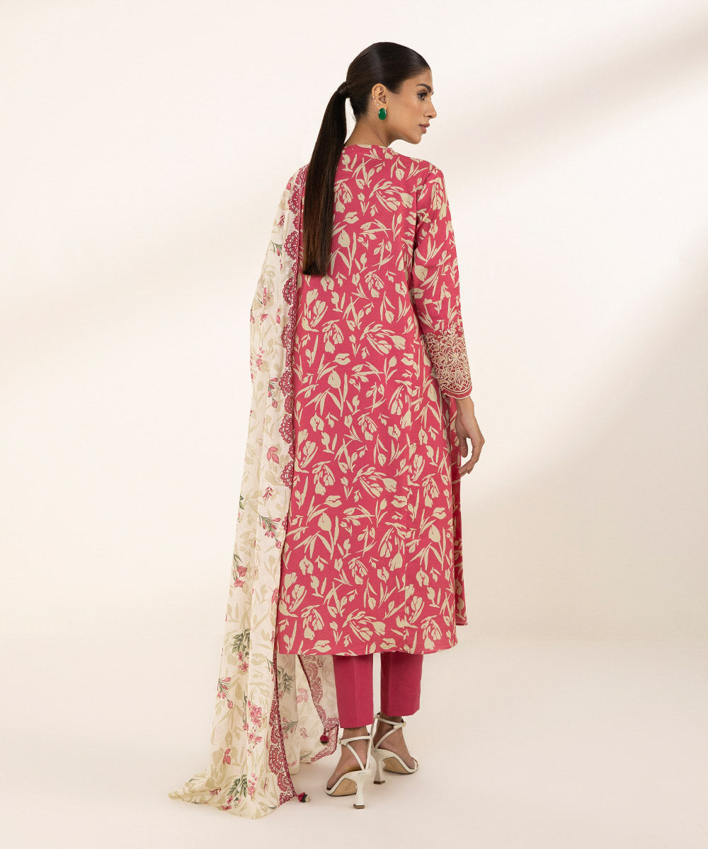 Women's Unstitched Lawn Printed Embroidered Pink 2 Piece Suit
