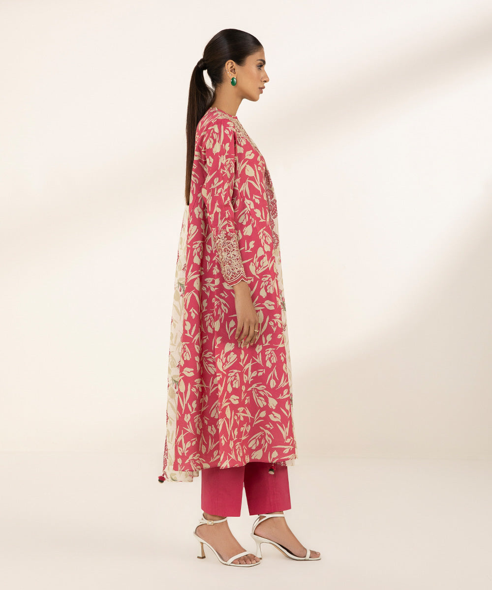 Women's Unstitched Lawn Printed Embroidered Pink 2 Piece Suit