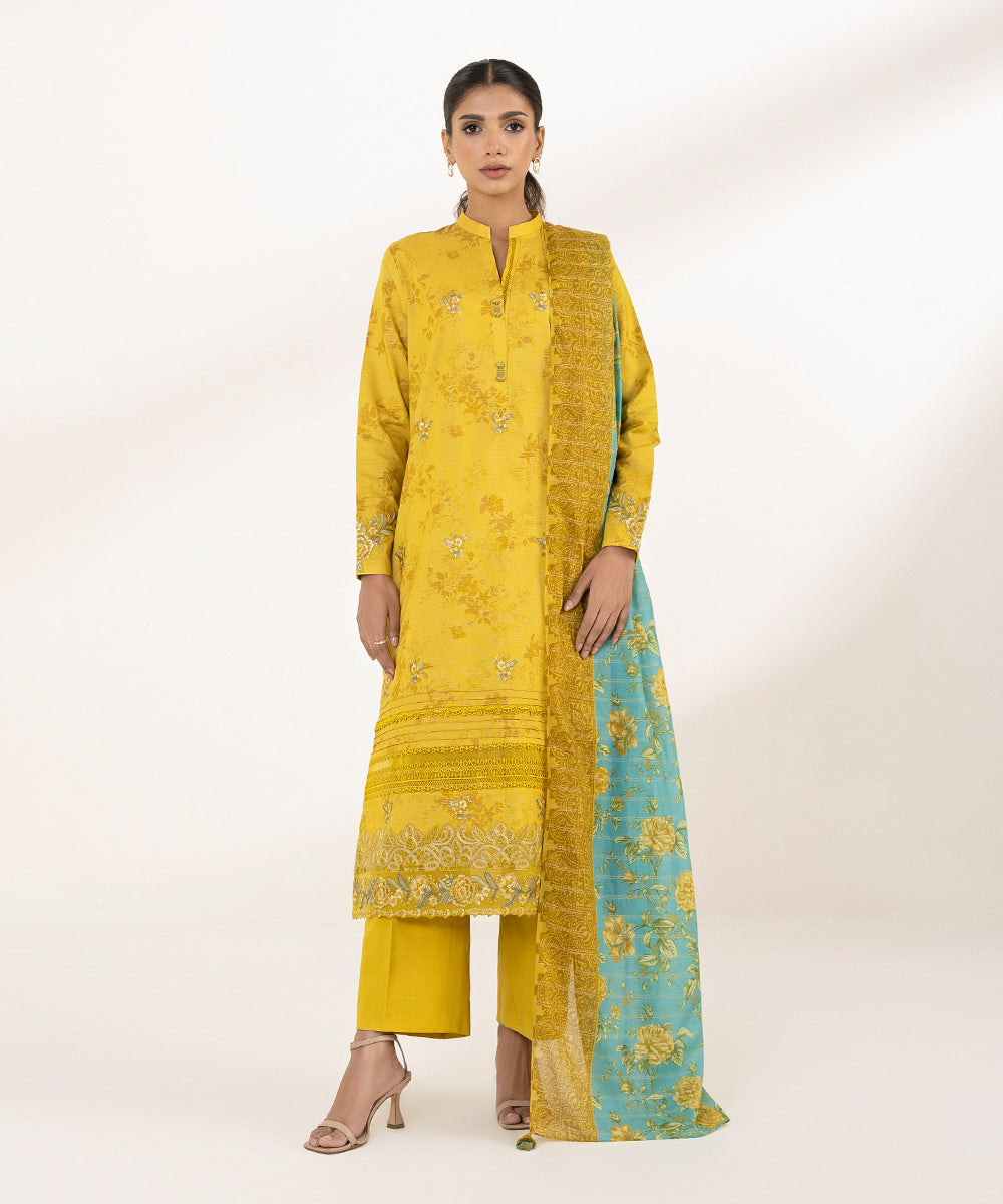 Women's Unstitched Zari Lawn Printed Embroidered Yellow 2 Piece Suit