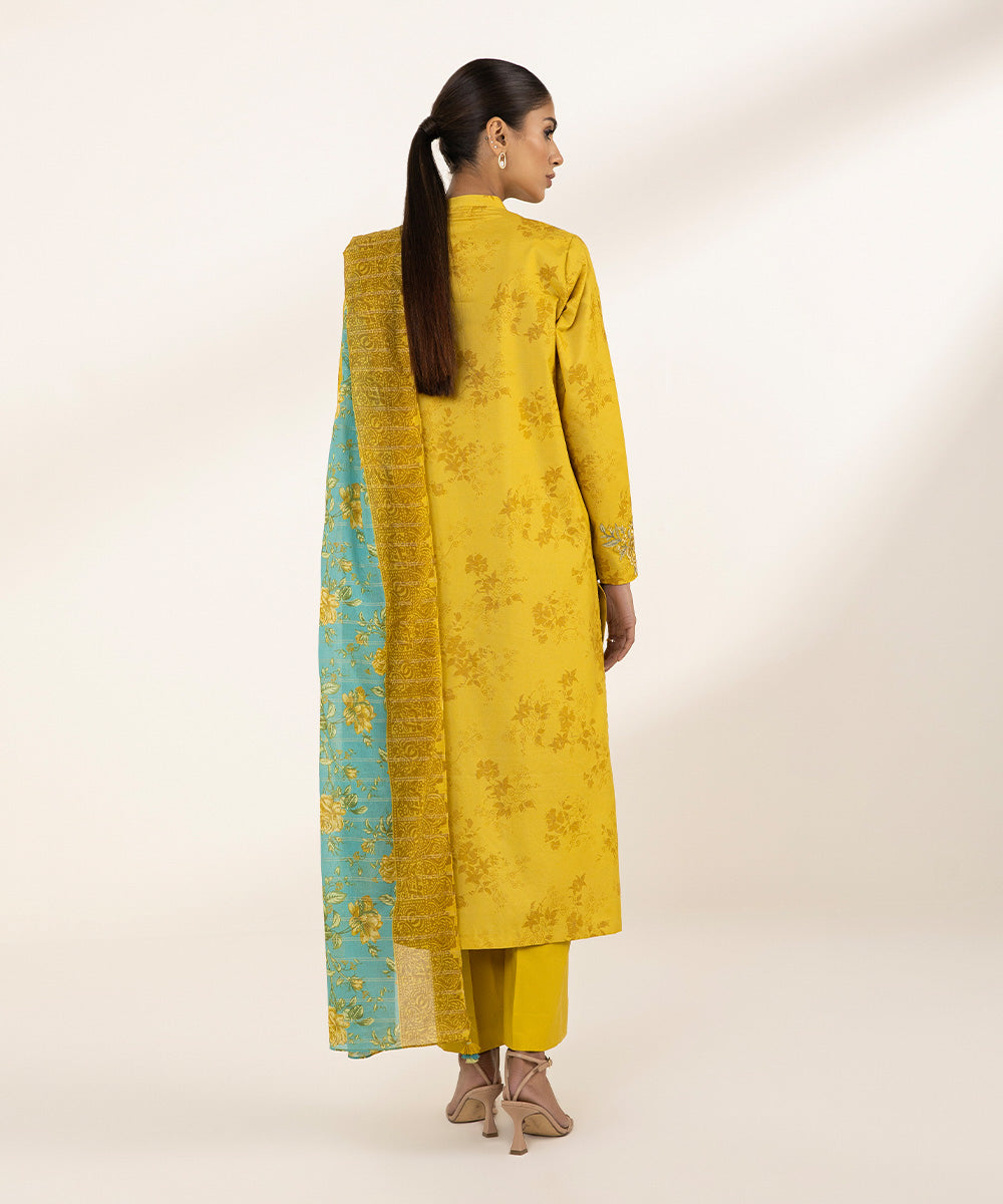 Women's Unstitched Zari Lawn Printed Embroidered Yellow 2 Piece Suit