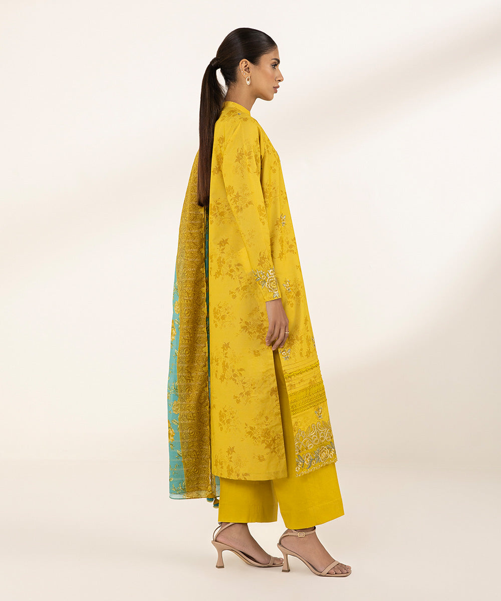 Women's Unstitched Zari Lawn Printed Embroidered Yellow 2 Piece Suit