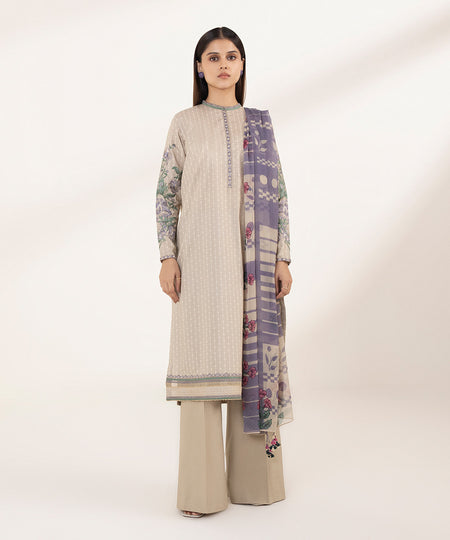 Women's Unstitched Lawn Printed Embroidered Beige 2 Piece Suit
