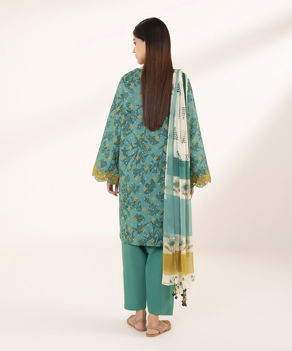 Women's Unstitched Lawn Printed Embroidered Green 2 Piece Suit