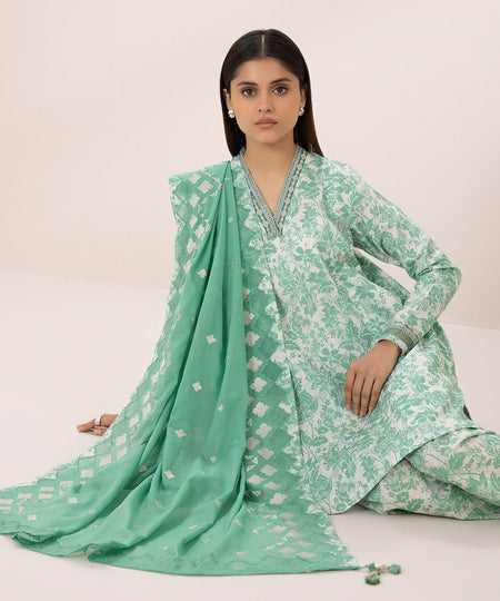 Women's Unstitched Lawn Embroidered Green 3 Piece Suit