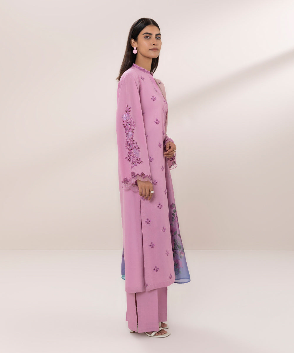 Women's Unstitched Cambric Embroidered Pink 3 Piece Suit