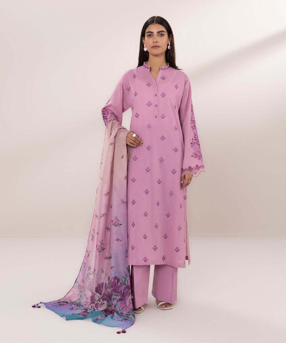 Women's Unstitched Cambric Embroidered Pink 3 Piece Suit