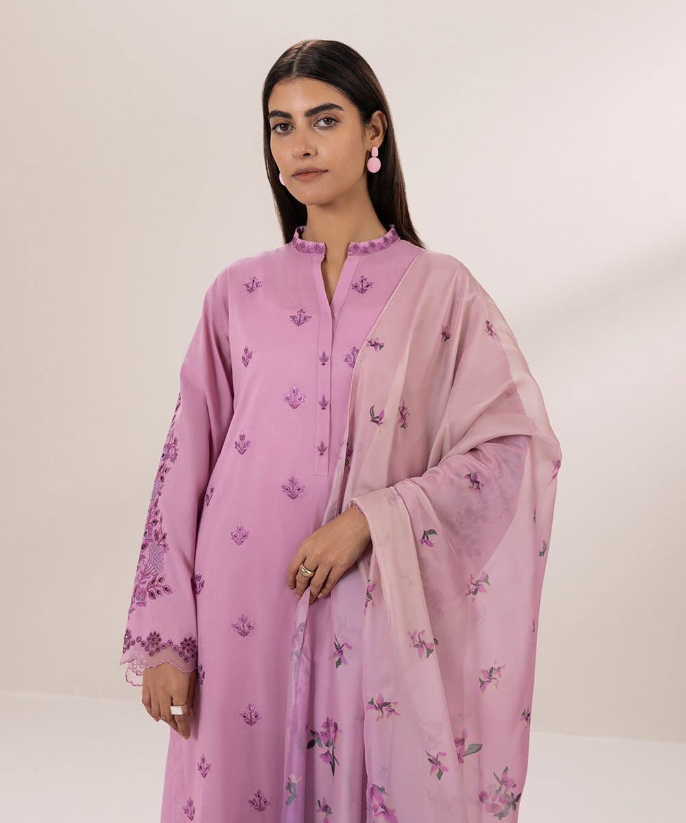 Women's Unstitched Cambric Embroidered Pink 3 Piece Suit