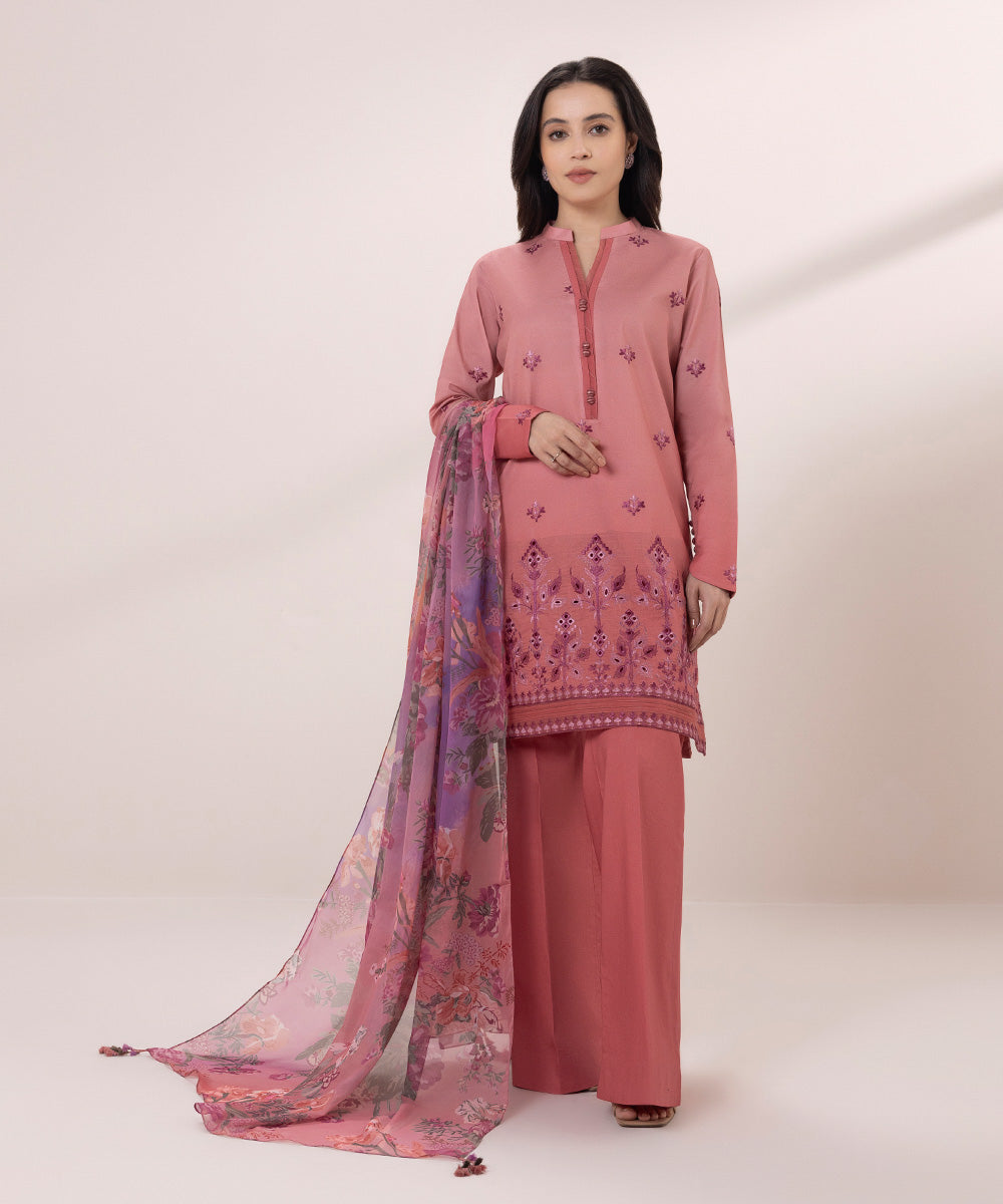 Women's Unstitched Lawn Embroidered Pink 3 Piece Suit