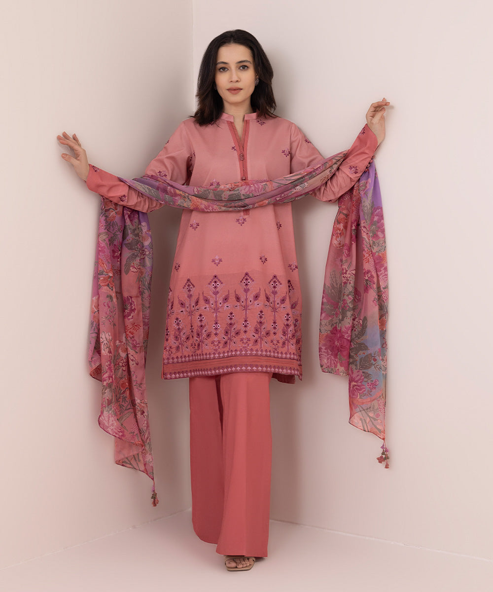 Women's Unstitched Lawn Embroidered Pink 3 Piece Suit