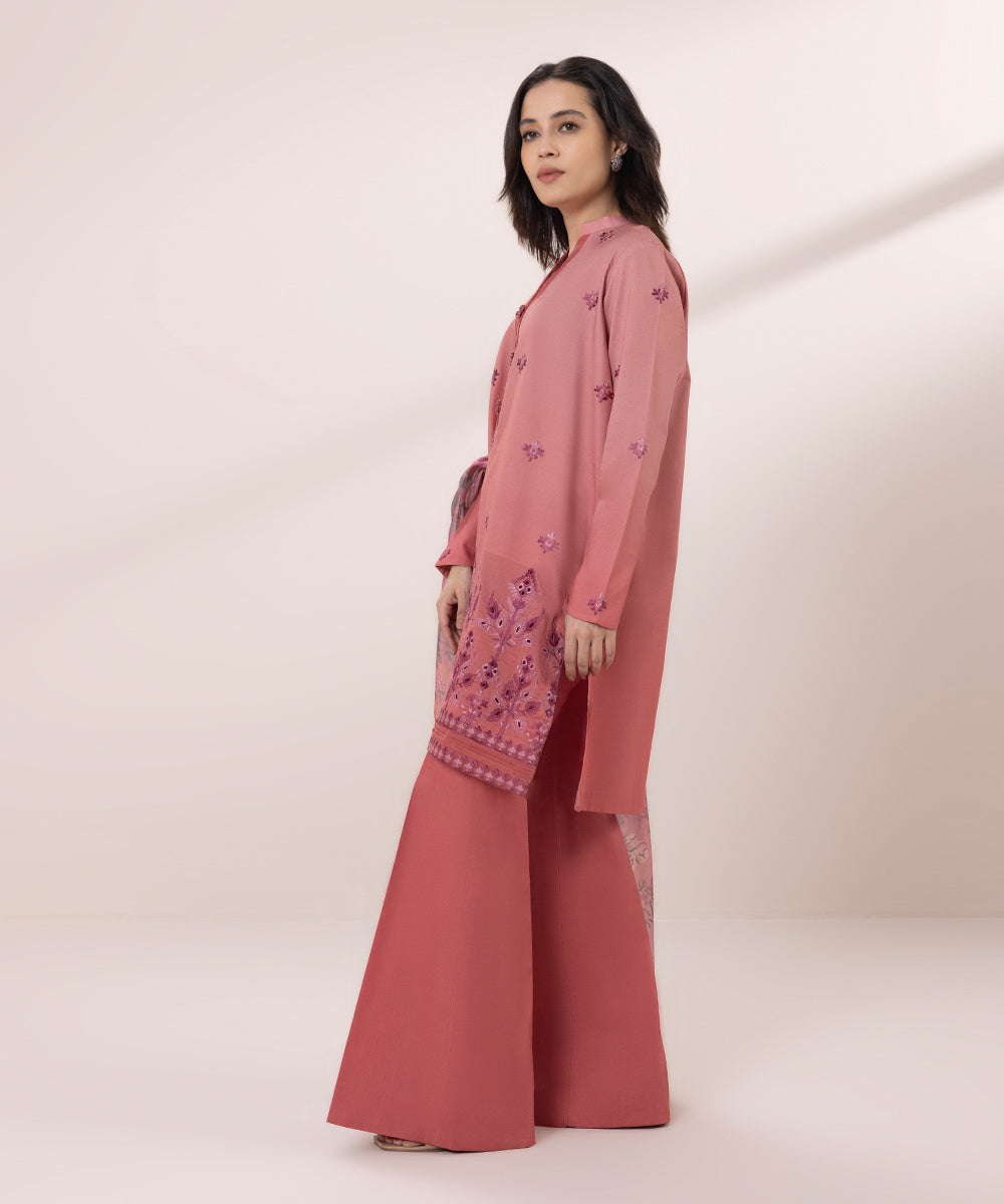 Women's Unstitched Lawn Embroidered Pink 3 Piece Suit