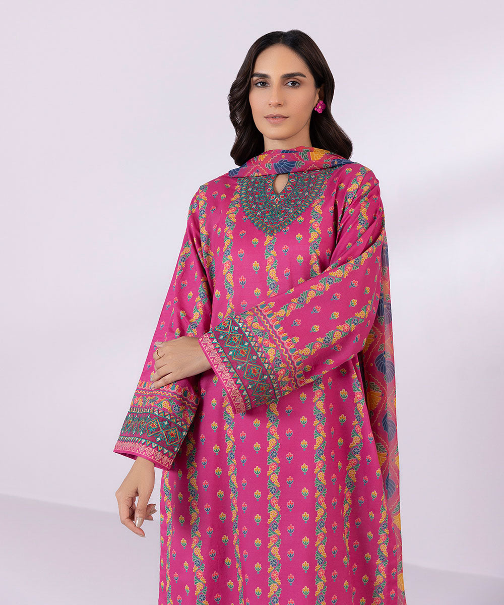 Women's Unstitched Lawn Embroidered Pink 2 Piece Suit