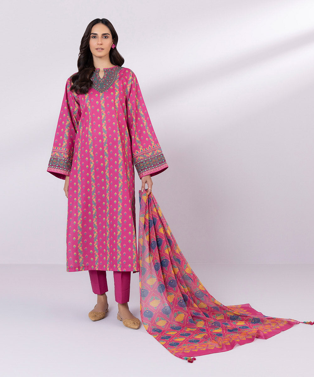 Women's Unstitched Lawn Embroidered Pink 2 Piece Suit