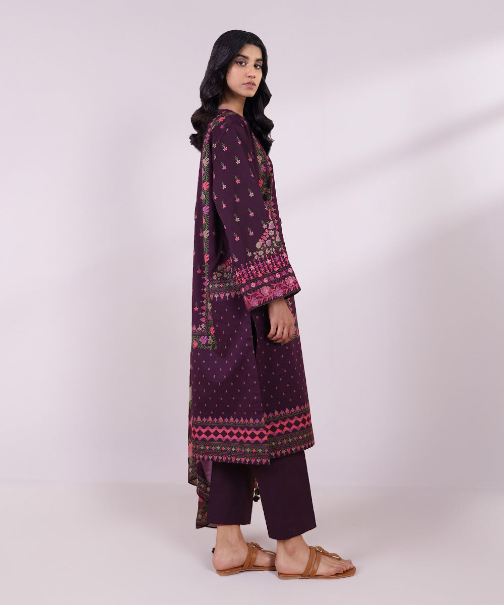 Women's Unstitched Lawn Embroidered Plum 2 Piece Suit