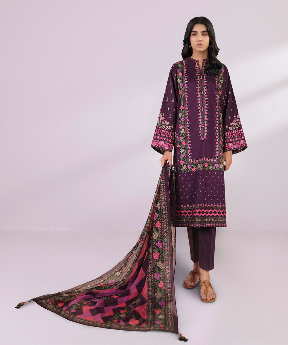 Women's Unstitched Lawn Embroidered Plum 2 Piece Suit