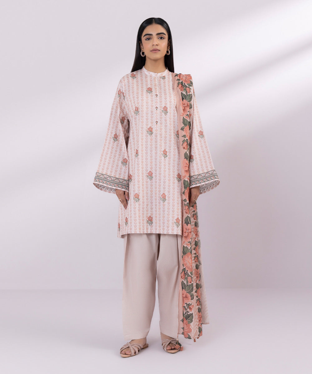 Women's Unstitched Lawn Embroidered Tea Pink 2 Piece Suit