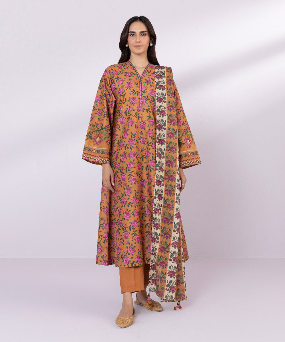 Women's Unstitched Lawn Embroidered Rust 2 Piece Suit