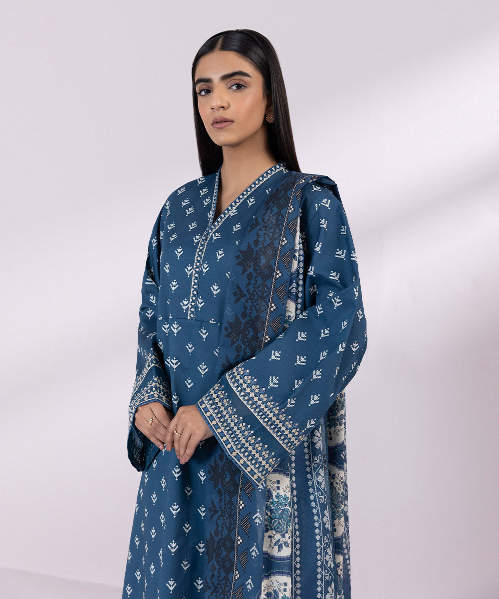Women's Unstitched Lawn Embroidered Blue 2 Piece Suit