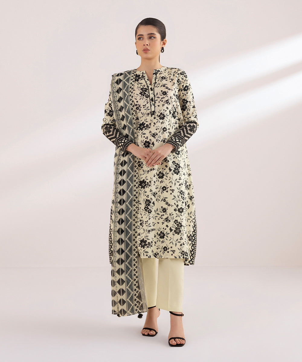 Women's Unstitched Lawn White Embroidered 2 Piece Suit