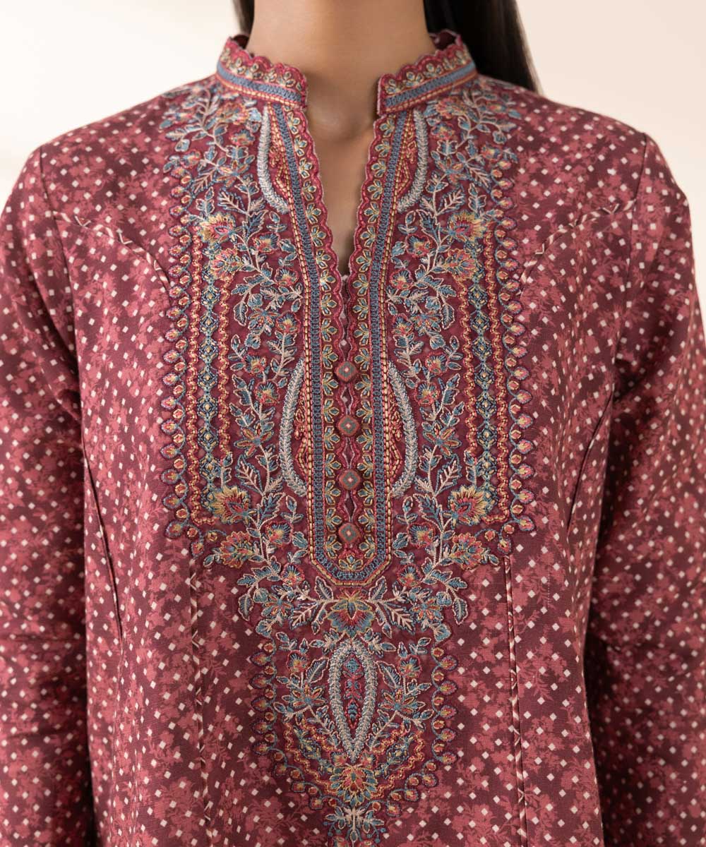 Women's Unstitched Khaddar Red Embroidered 2 Piece Suit