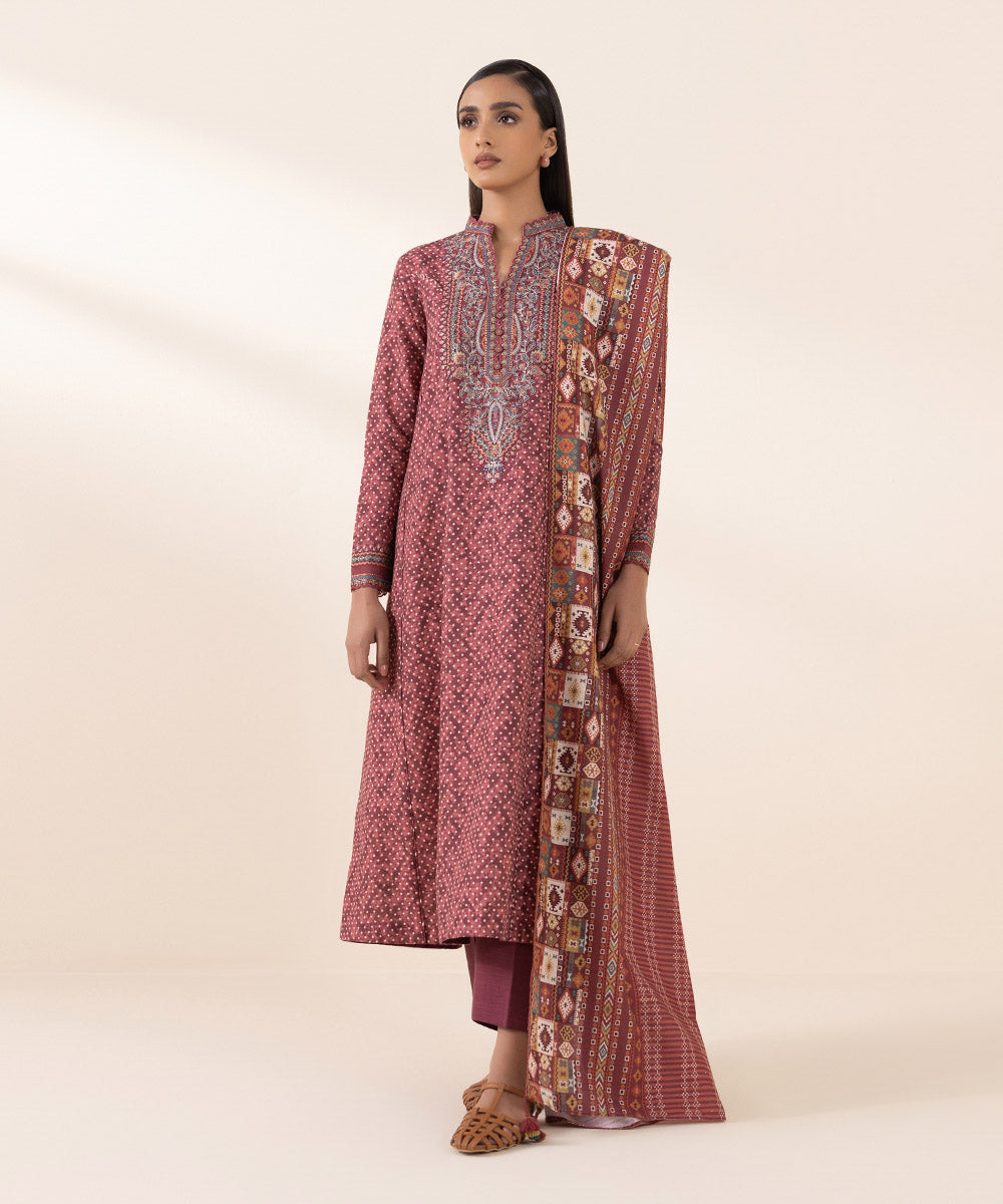 Women's Unstitched Khaddar Red Embroidered 2 Piece Suit