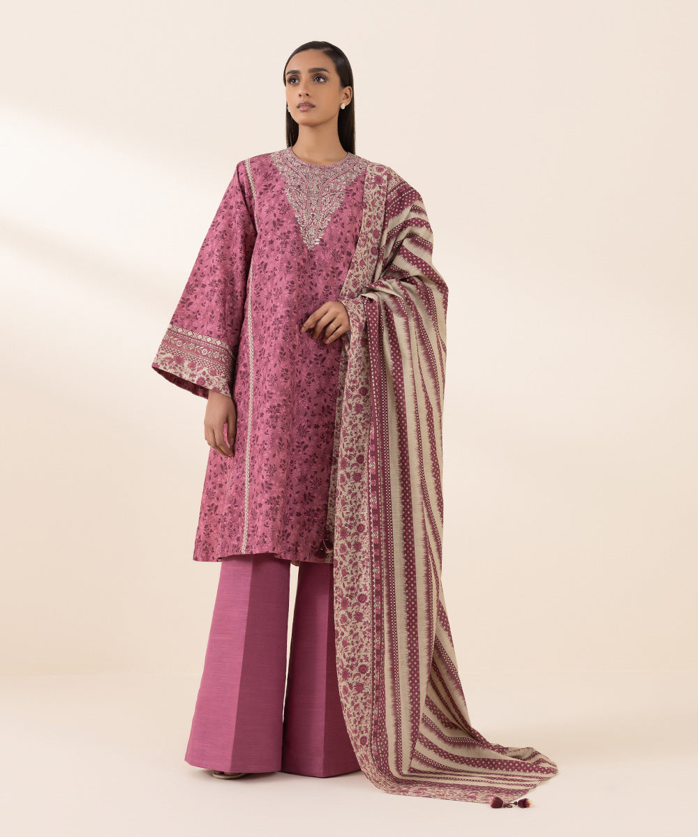 Women's Unstitched Khaddar Pink Embroidered 2 Piece Suit