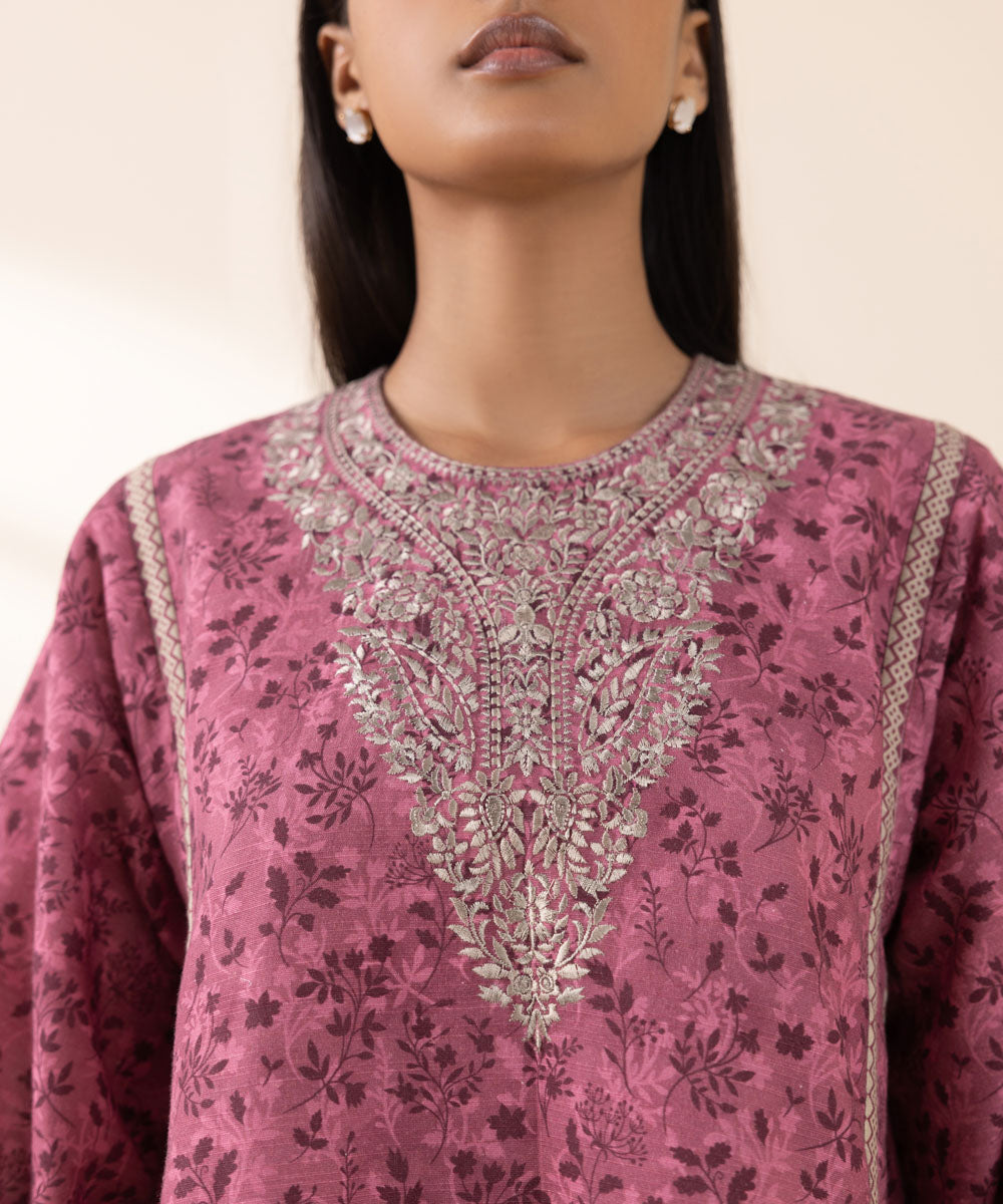 Women's Unstitched Khaddar Pink Embroidered 2 Piece Suit