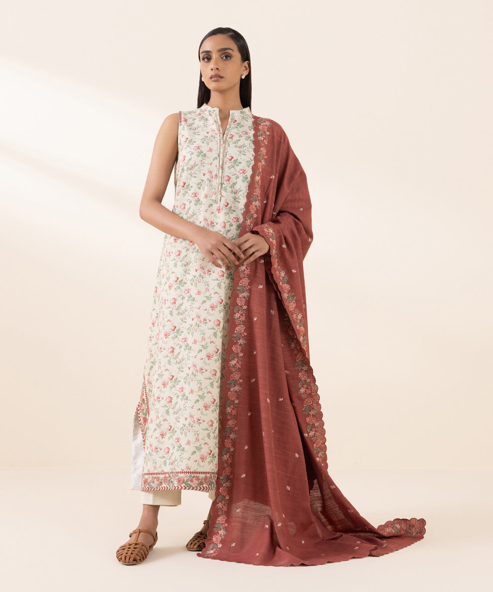 Women's Unstitched Khaddar Multi Embroidered 2 Piece Suit 