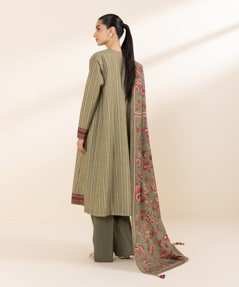 Women's Unstitched Khaddar Green Embroidered 2 Piece Suit