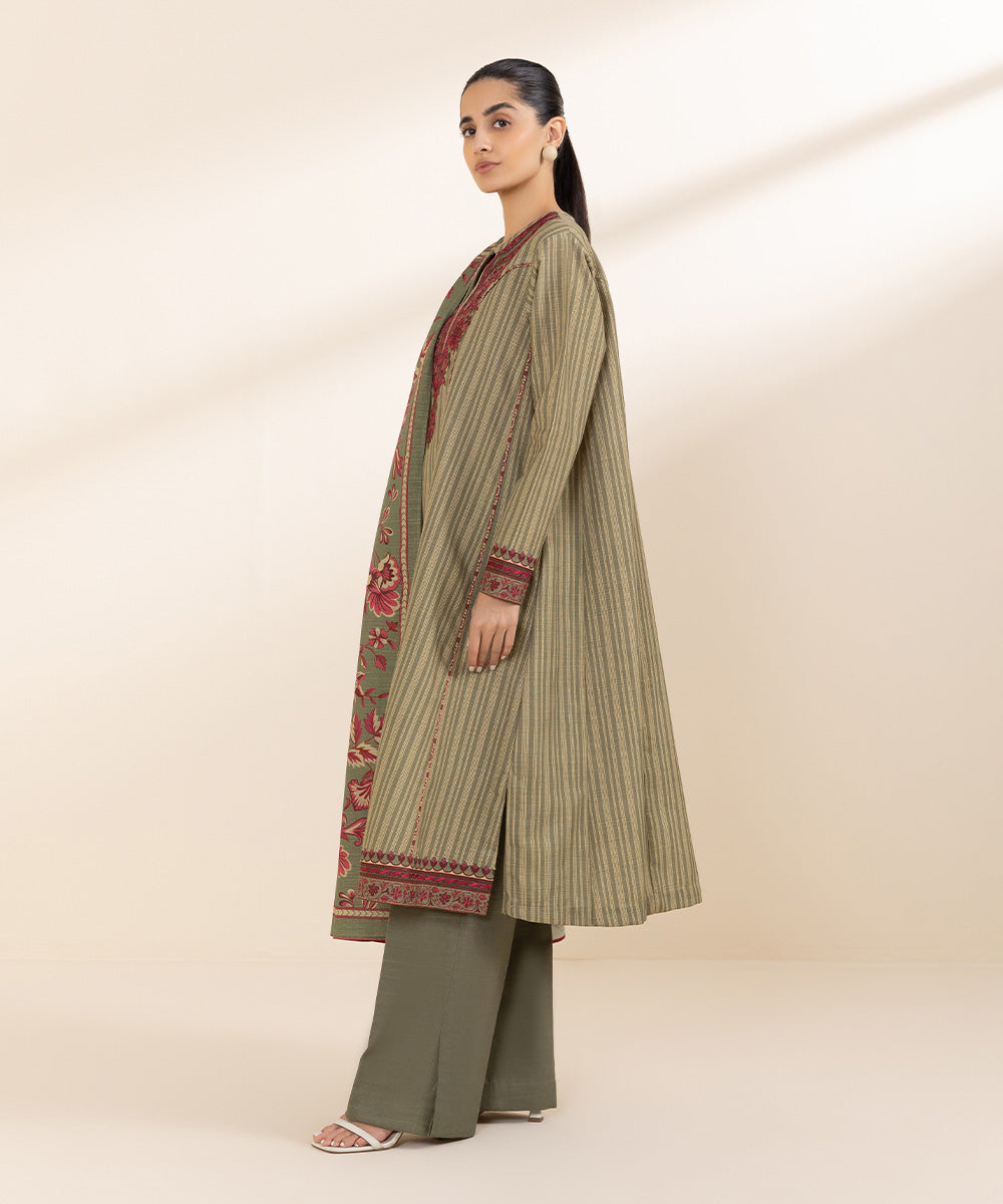 Women's Unstitched Khaddar Green Embroidered 2 Piece Suit